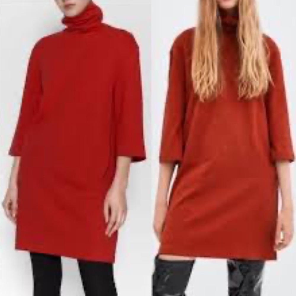 ZARA, Red Wine Turtle Neck Sweater Dress W/3/4 Sleeves,